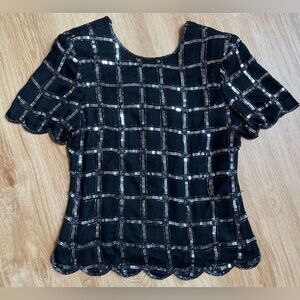Vintage Scala Black Silk Sequin short sleeve blouse Large cocktail 80’s 90’s